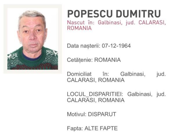 BĂRBAT DIN CĂLĂRAȘI DAT DISPĂRUT: FAMILIA ȘI AUTORITĂȚILE ÎL CAUTĂ