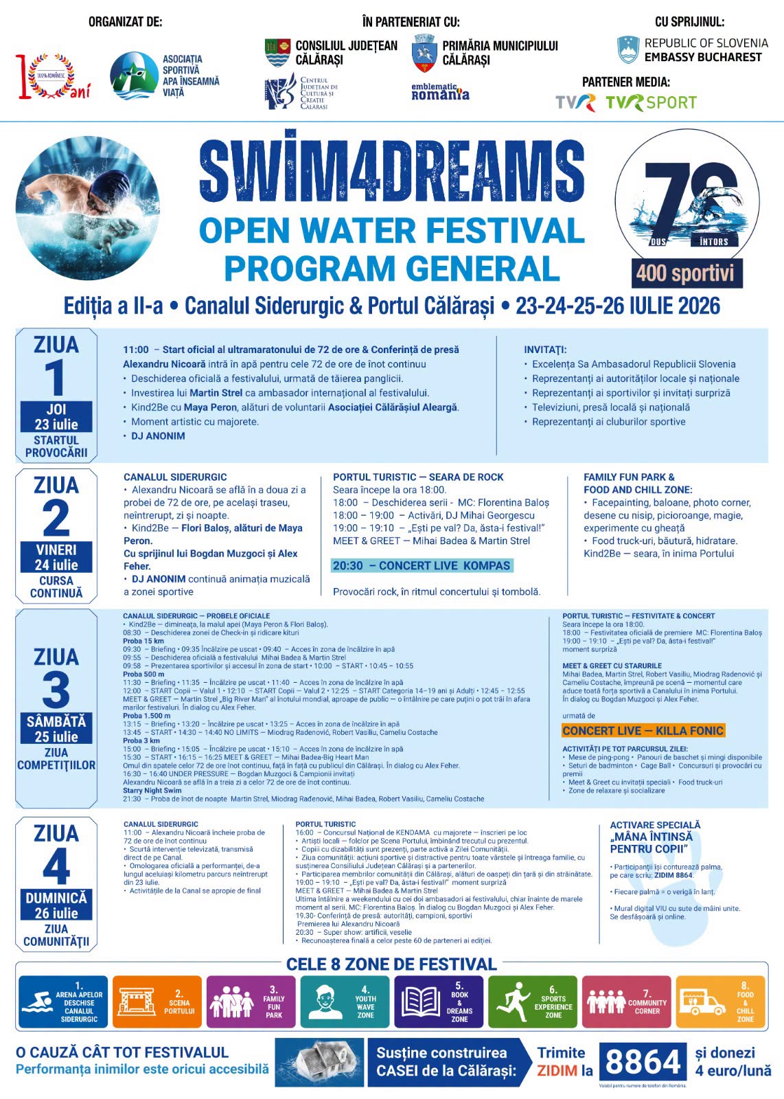 Călărașiul găzduiește a doua ediție a Swim4Dreams – Open Water Festival. Patru zile dedicate sportului, muzicii și solidarității